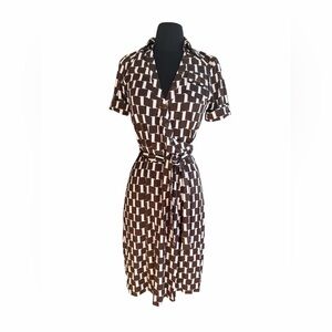 Diane Von Furstenberg DVF Silk Shirt Dress Brown White Print Belted Sz 4